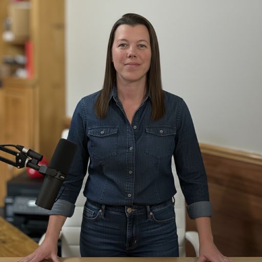A woman wearing a dark green tank top holding a green pencil sitting on a white chair at a desk behind a microphone.